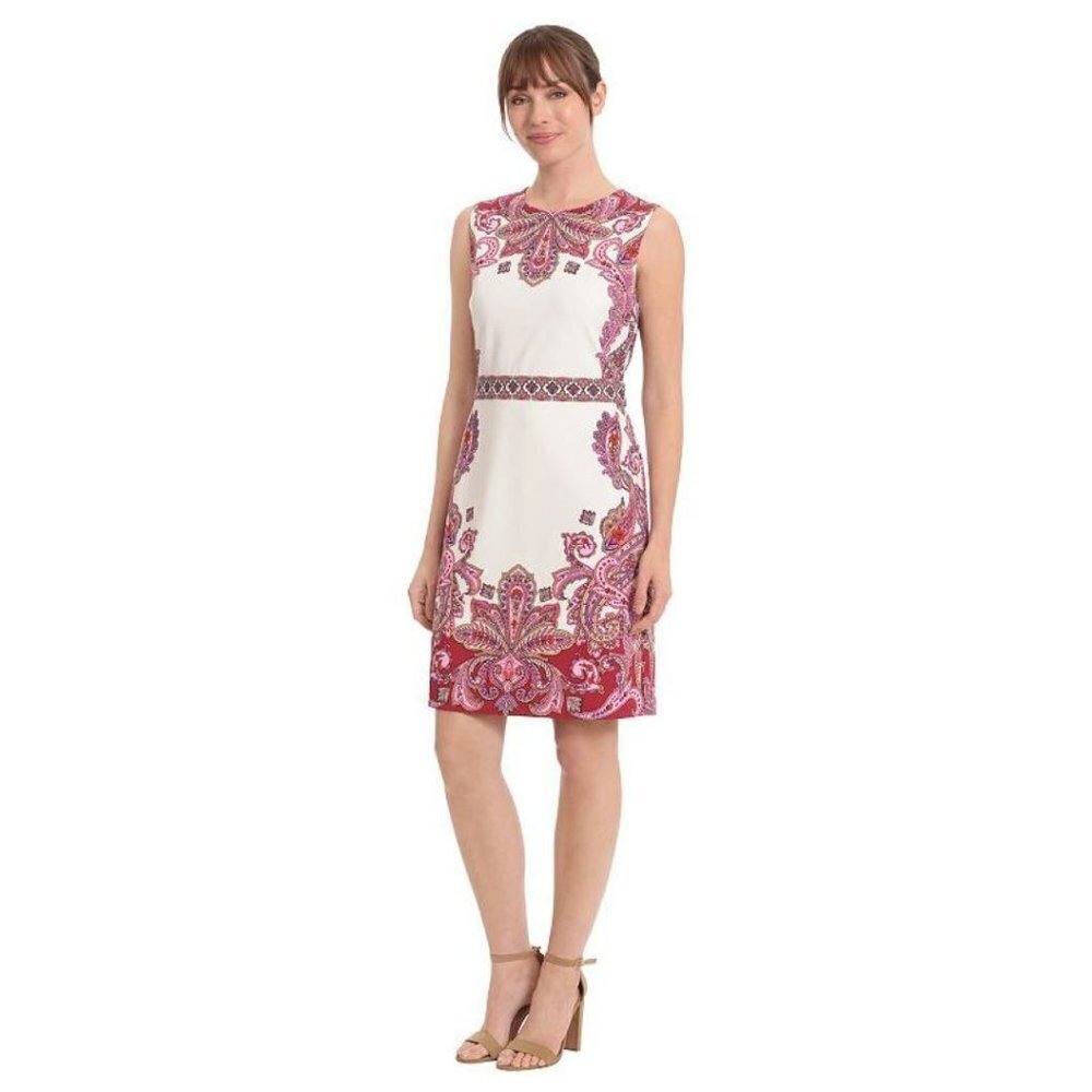 London Times Jewel Neck Mini Sheath Dress-Creamy White/Pink Size 10 NWT